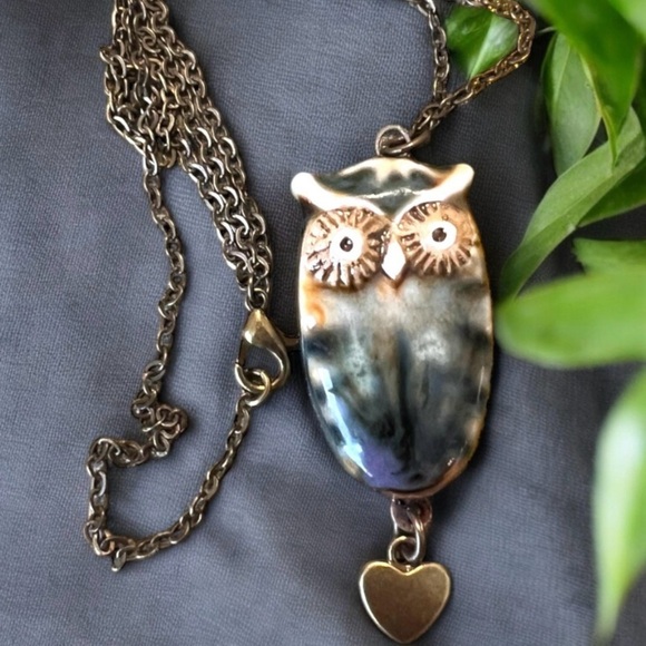 Ceramic Owl Pendant Necklace with Heart Charm Owl necklace. Ceramic owl pendant - Picture 1 of 16